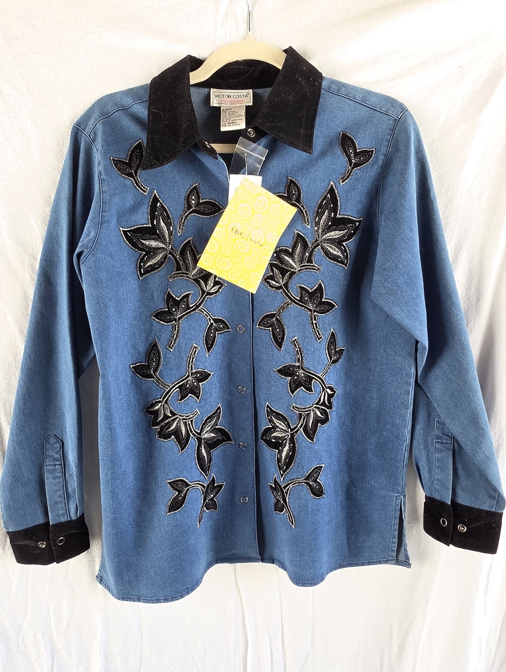 NWT QVC Victor Costa Occasion Denim Floral Applique Snap Shirt Womens Sz Small